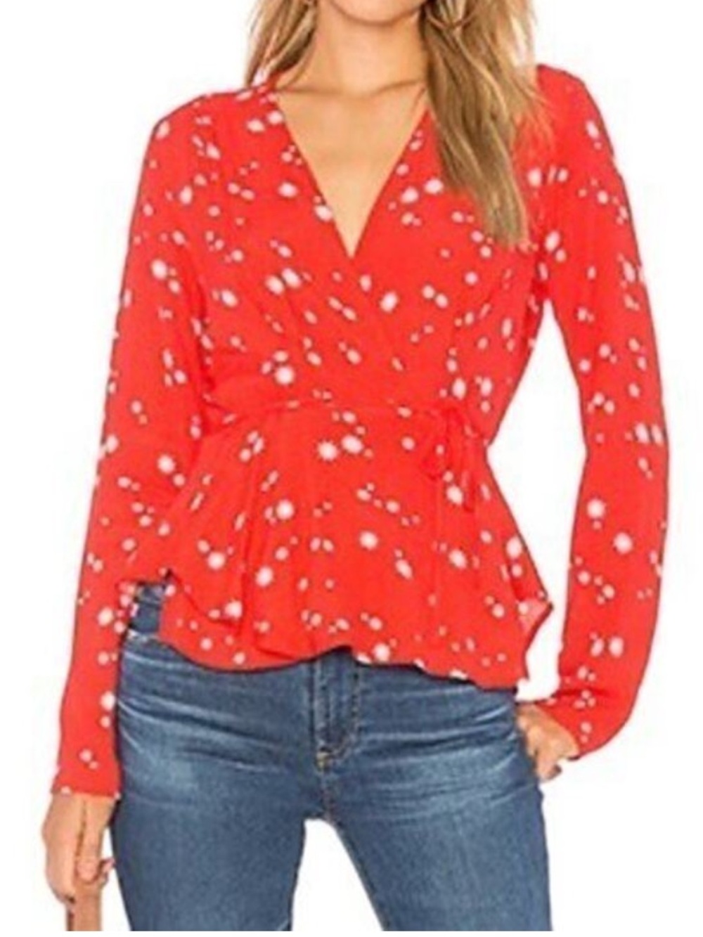 Rolla’s Red Star Print Wrap Peplum Blouse Top Size S